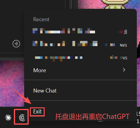 Windows system tray: choose Exit for ChatGPT