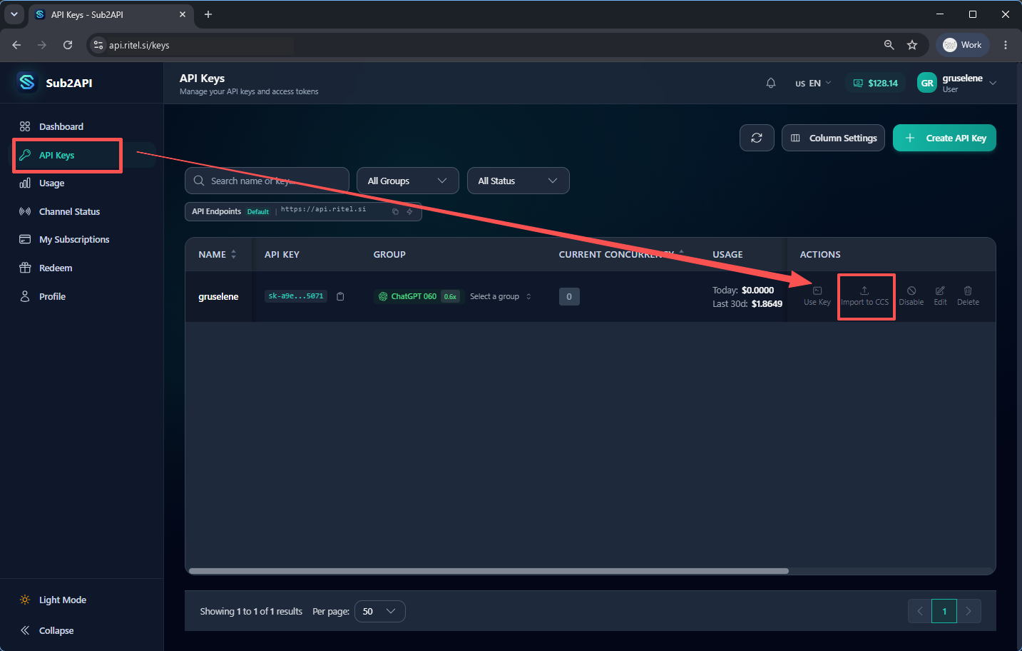 API Keys: Import to CCS beside the selected API key